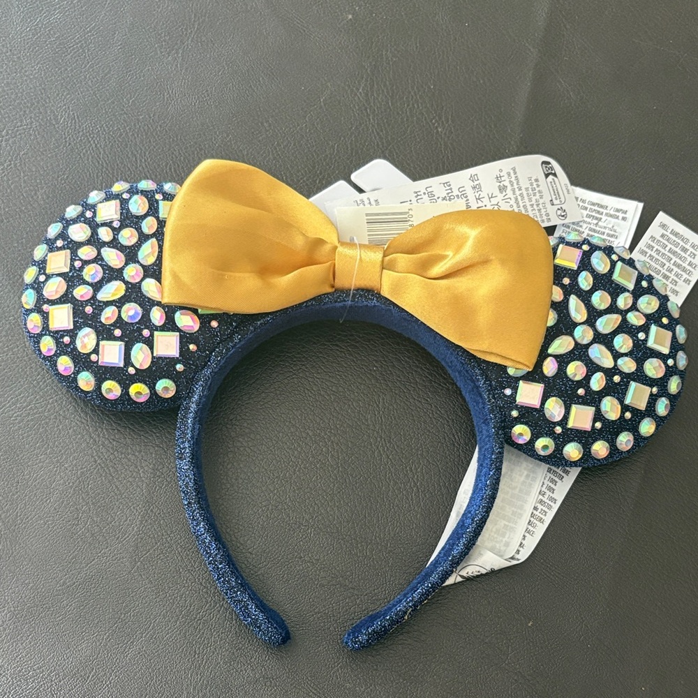 WDW 50th Anniversary Blue Jeweled with Gold Minnie Mouse Ears Headband